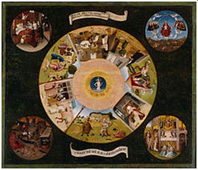 De sju dödssynderna och de sista fyra etapperna i mänsklighetens historia  Hieronymus Bosch (1450-1516)  Pradomuséet, Madrid.