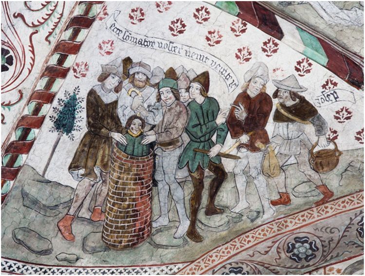 Josef kastas i brunnen av Albertus Pictor (1400-talet) i Odensala kyrka (Märsta)