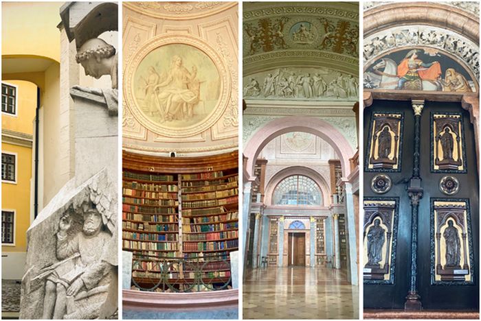 Klostret innehåller världens största benediktinbibliotek, tillsammans med statyer och antika dörrar.