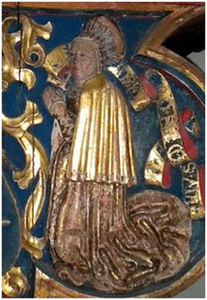 Samtida bildstod av Kristina vid altaret i Västerås domkyrka.