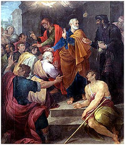 Simon Magus (till höger i svart) och S:t Petrus (Avanzino Nucci, 1620)
