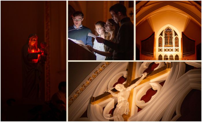 Unga katoliker sjunger tillsammans i skenet av levande ljus i mässan.