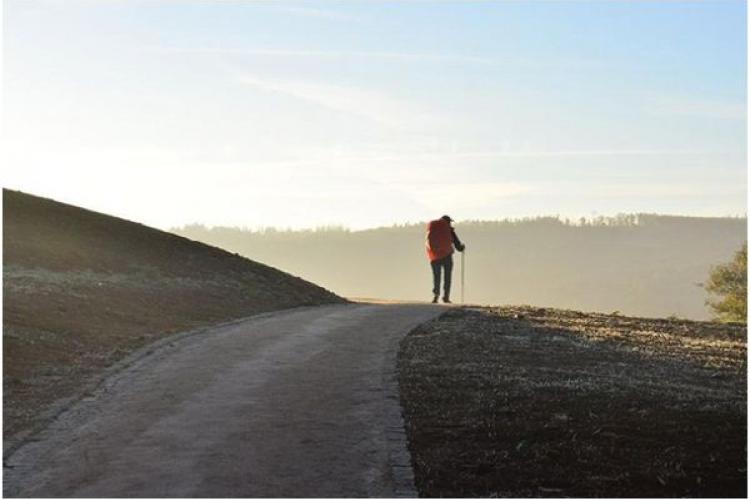 En man vandrar pilgrimsleden Camino de Santiago