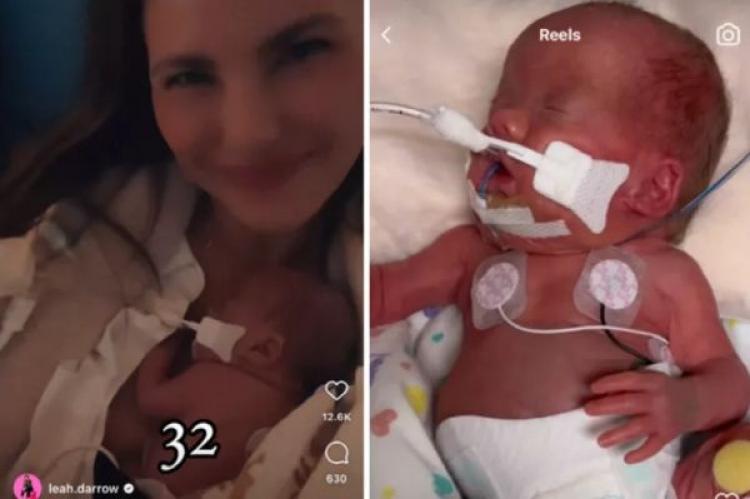 Leah Darrow och Baby Sly poserar för ett foto under en mycket monumental dag på neonatalintensivvårdsavdelningen