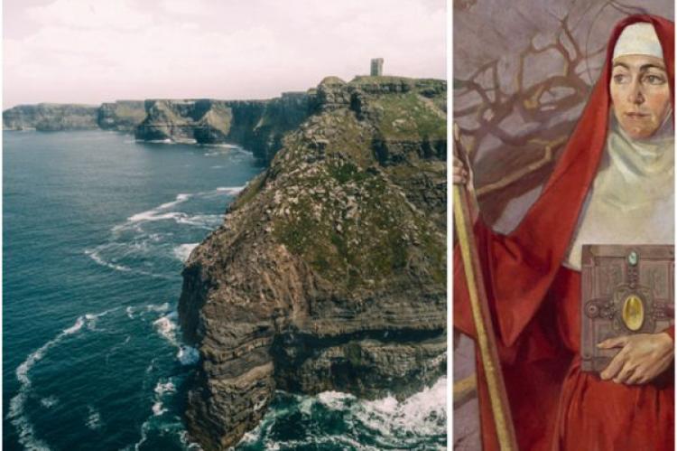 Från vänster till höger: St. Brigid's Well, Irland, kustvy från en drönare; porträtt av Sankta Birgitta av Patrick Joseph Tuohy