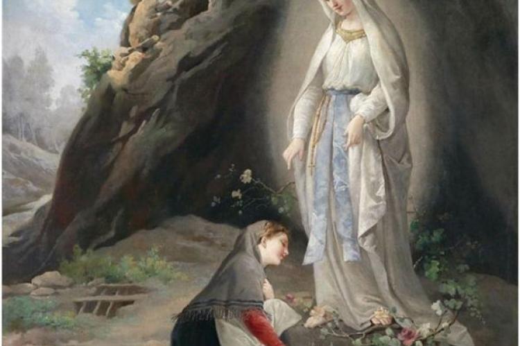 Målning av Jungfru Marias uppenbarelse för Bernadette Soubirous i grottan i Massabielle nära Lourdes