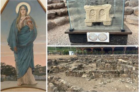 Medurs från vänster: En målning av Sankta Maria Magdalena; ruiner av Magdala-synagogan och en kopia av den berömda Magdala-stenen
