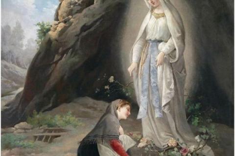 Målning av Jungfru Marias uppenbarelse för Bernadette Soubirous i grottan i Massabielle nära Lourdes
