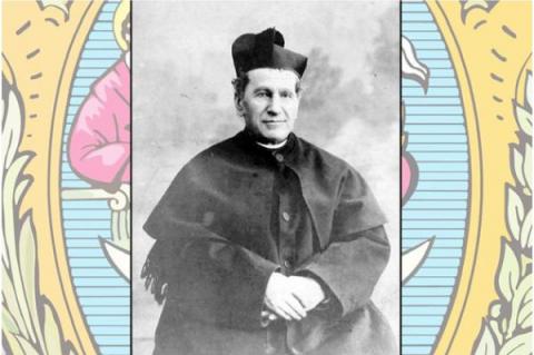 St. John Bosco, fotograferad av Carlo Felice Deasti 1887, med salesianska vapenskölden i bakgrunden