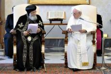 Påve Franciskus möter den koptisk-ortodoxe påven Tawadros II under en audiens i det Apostoliska palatset den 11 maj 2023 i Vatikanen